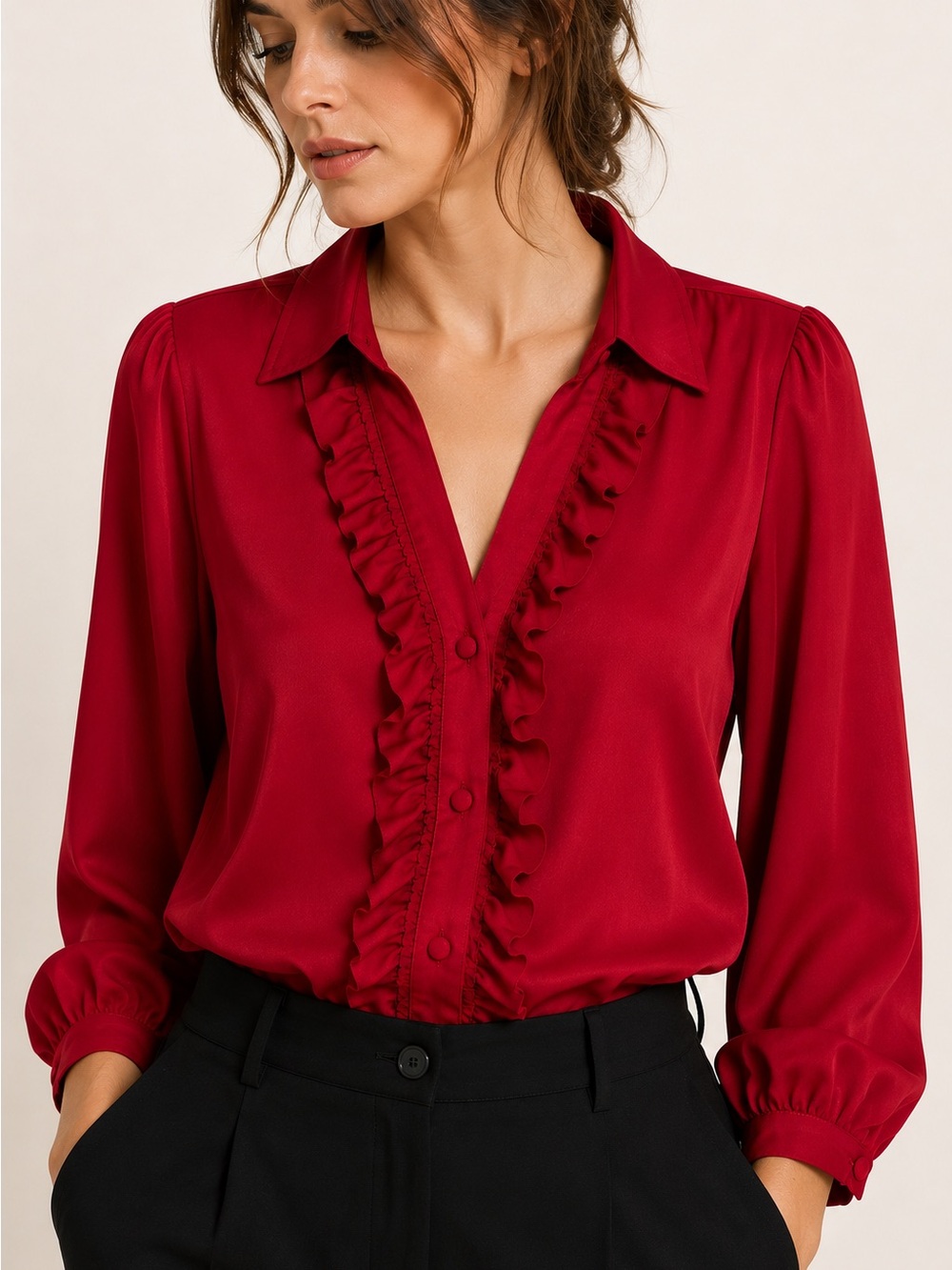 Jaclyn Smith Red Ruffle Satin Blouse Career Office Top M